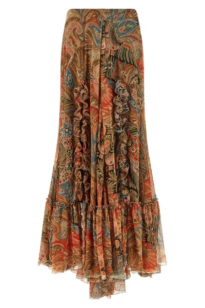 Etro Paisley Print Ruffle Silk Chiffon Maxi Skirt In Multi