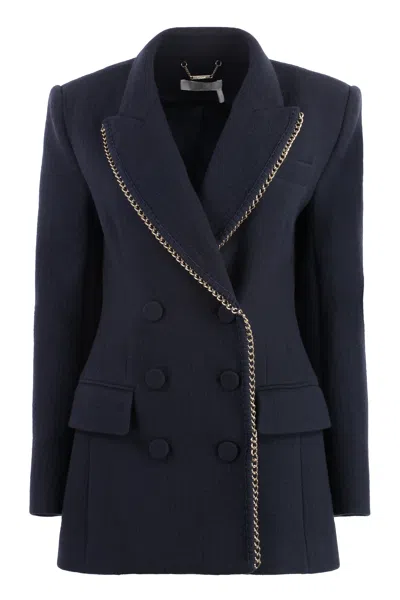 Chloé Double-breasted Wool Jacket With Structured Shoulders In Blue