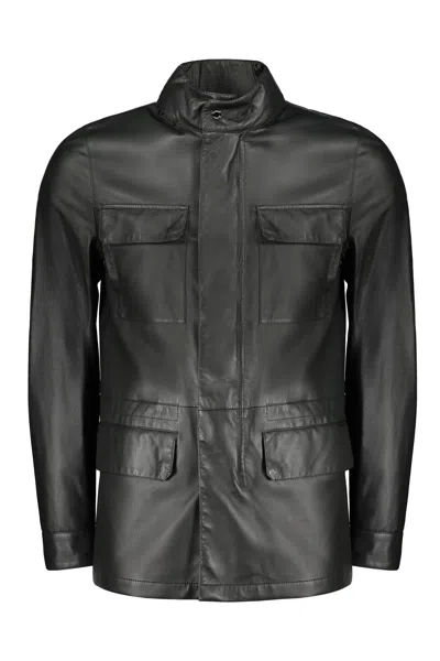 Moorer Four-pocket Drawstring Leather Jacket In Black