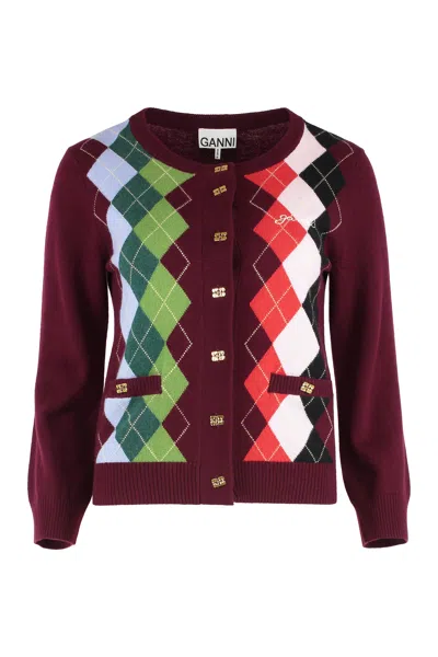 Ganni Burgundy Checked Cardigan In Cashmere Blend Women In Multi