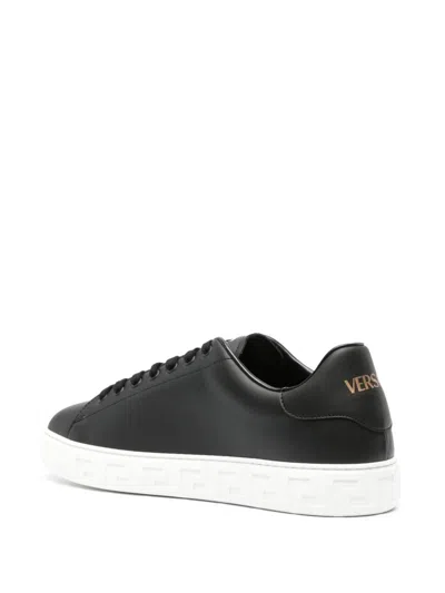 Versace Leather Sneakers With La Greca Detail In Black