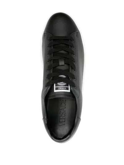 Versace Leather Sneakers With La Greca Detail In Black