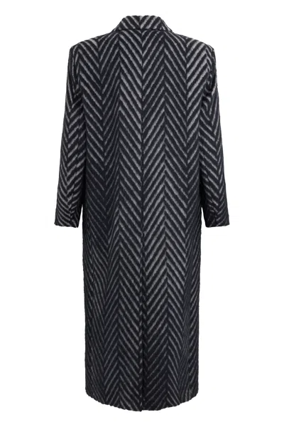 Peserico Long Black Coat With Zigzag Pattern. In Multi