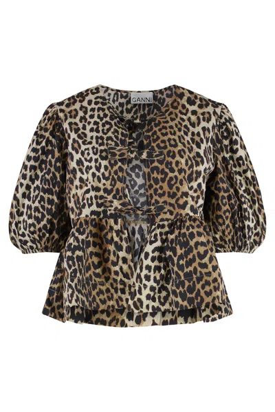 Ganni Women Leopard Cotton Poplin Peplum Tie Blouse In Animal Print