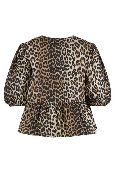 Ganni Women Leopard Cotton Poplin Peplum Tie Blouse In Animal Print