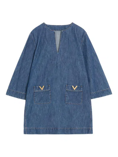 Valentino Vlogo Signature Denim Dress Three Quarter Sleeves In Blue
