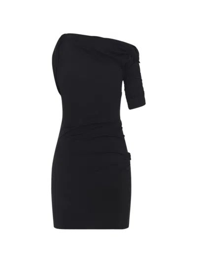 Jacquemus Asymmetrical One-shoulder Bodycon Mini Dress With Ruched Sleeve In Black