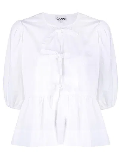 Ganni Poplin Front-tie Peplum Blouse With Puffed-sleeves In White