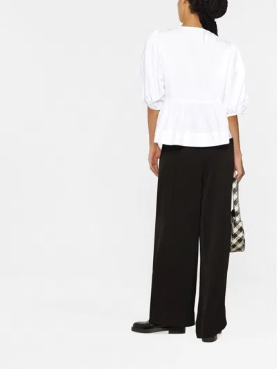 Ganni Poplin Front-tie Peplum Blouse With Puffed-sleeves In White