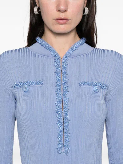 Self-portrait Self Portrait Mini Ribbed Knit Short Dress With Pearl Embellishments In Blue