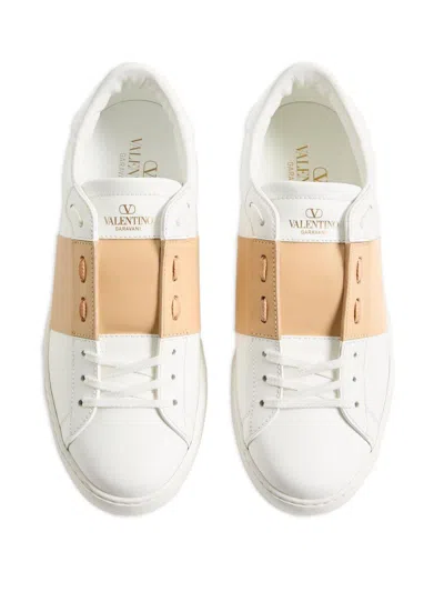 Valentino Garavani Open Sneakers In Leather With Contrast Colored Stripe And Stud Detail In Nude