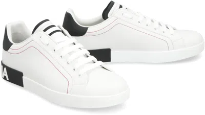 Dolce & Gabbana Portofino White Low Top Sneakers With Patch Logo And Red Stitching In Smooth Leather Man