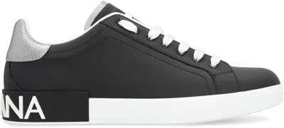 Dolce & Gabbana Portofino Sneakers In Black Leather With Silver Inserts Dolce E Gabbana