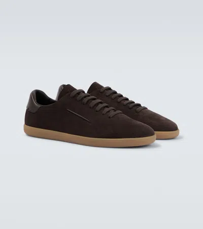 Zegna Suede Low Profile Sneakers Rubber Sole In Brown