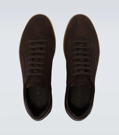 Zegna Suede Low Profile Sneakers Rubber Sole In Brown