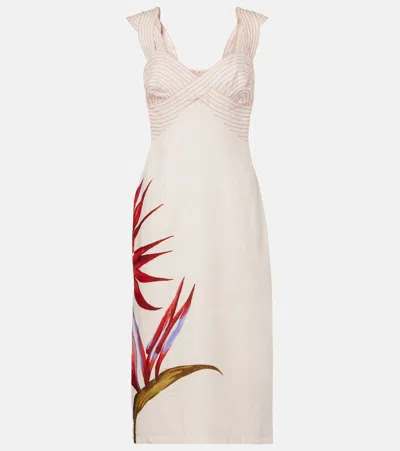 Farm Rio Sand-colored Linen Midi Dress With Strelitzia Pattern In White