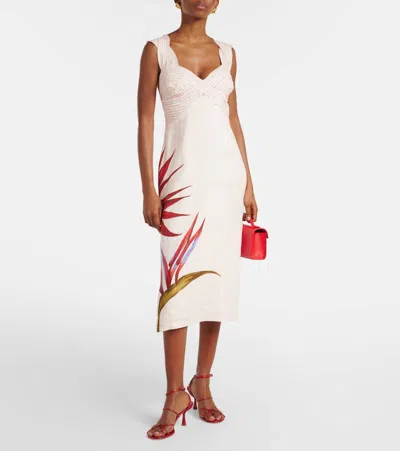 Farm Rio Sand-colored Linen Midi Dress With Strelitzia Pattern In White