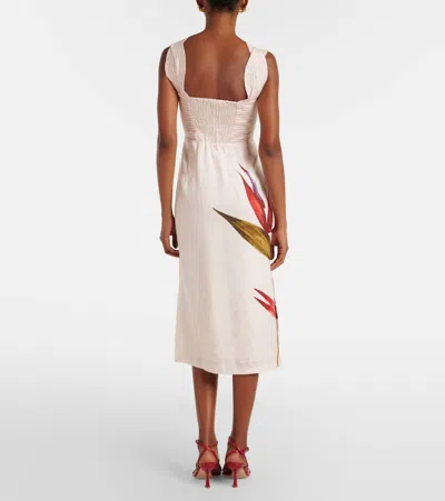 Farm Rio Sand-colored Linen Midi Dress With Strelitzia Pattern In White