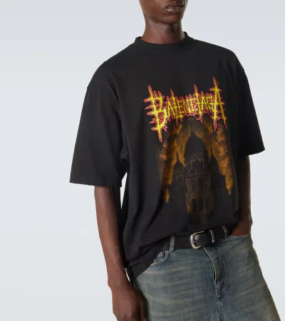 Balenciaga Printed Cotton Jersey T-shirt In Black