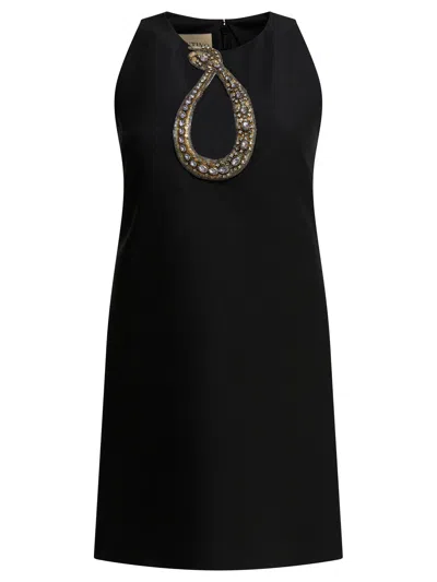 Valentino Garavani Rhinestone Snake Embroidery Crepe Couture Short Dress In Black