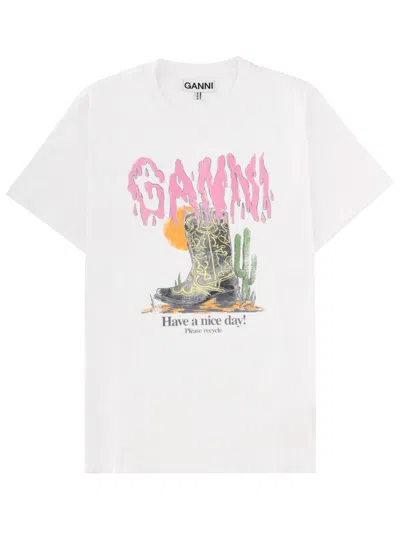 Ganni Graphic Print Relaxed Fit Short Sleeve Top In White