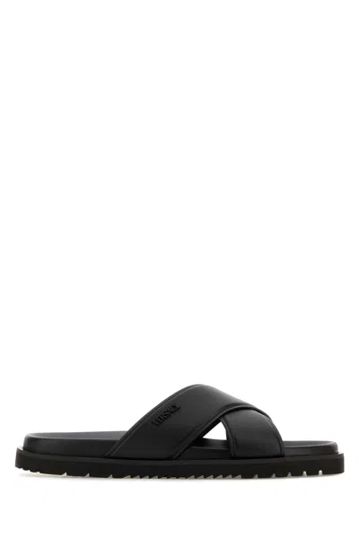 Versace Logo-lettering Leather Slides In Black