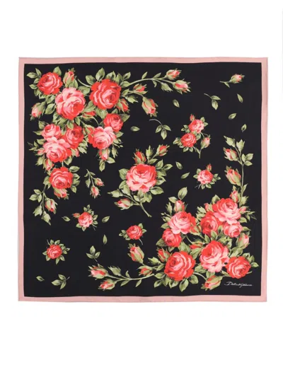 Dolce & Gabbana 90x90 Cm Silk Twill Scarf With A Rose Bouquet Print In Animal Print