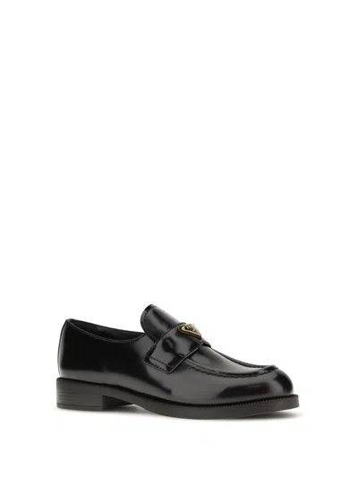 Prada Leather Loafers With Round Toe And Decorative Buckle In Black