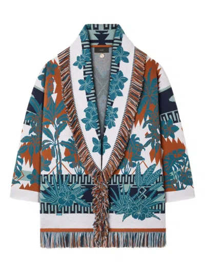 Alanui Long Floral Cardigan With Fringe Shawl Collar In Multi