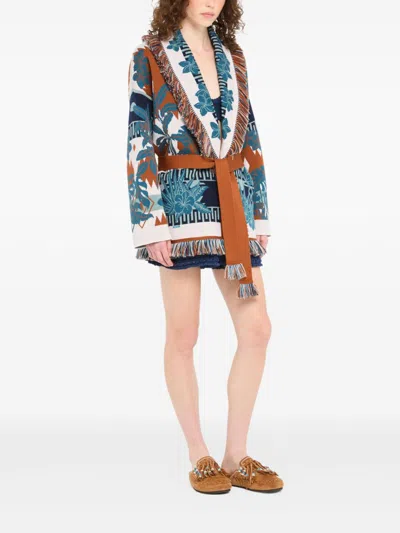 Alanui Long Floral Cardigan With Fringe Shawl Collar In Multi