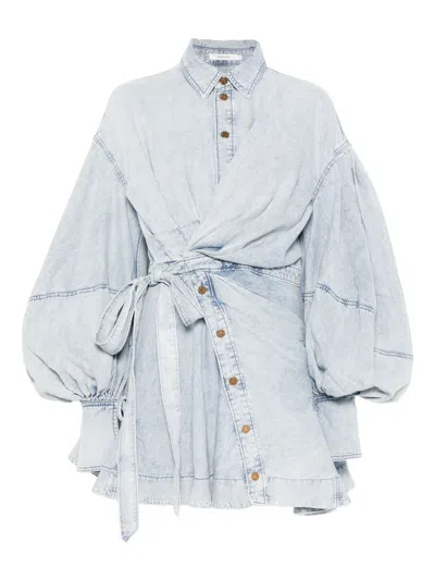 Zimmermann Rebellion Gathered Denim Mini Wrap Dress In Blue