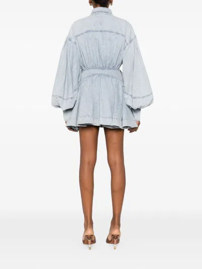 Zimmermann Rebellion Gathered Denim Mini Wrap Dress In Blue