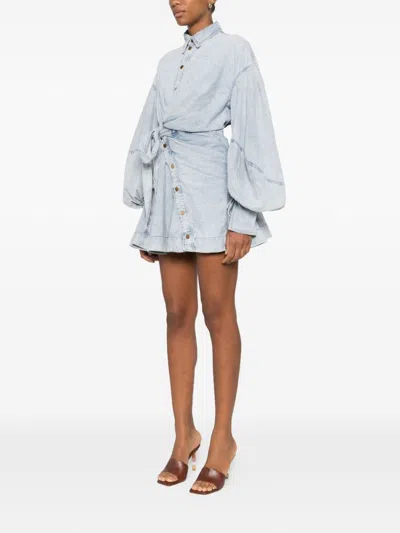 Zimmermann Rebellion Gathered Denim Mini Wrap Dress In Blue