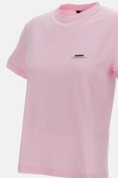 Jacquemus Pink Crew Neck T-shirt With Logo Patch On The Front In Cotton Woman