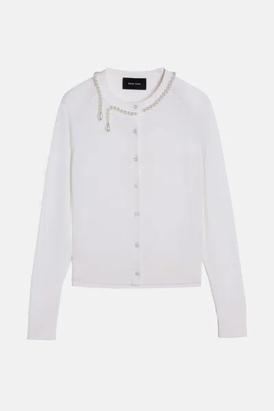 Simone Rocha Merino Silk Cardigan With Embroidered Pearl Neckline In White