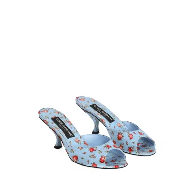 Dolce & Gabbana Keira Satin Mules With Little Roses Print In Blue