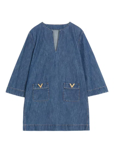Valentino Vlogo Signature Denim Dress Three Quarter Sleeves In Blue