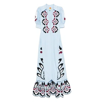 Farm Rio Blue Artisanal Embroidered Lace Front Bow Maxi Dress In Gray