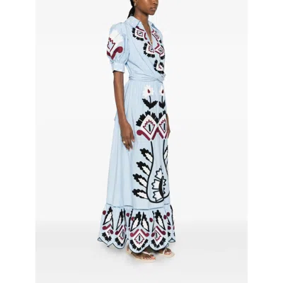 Farm Rio Blue Artisanal Embroidered Lace Front Bow Maxi Dress In Gray