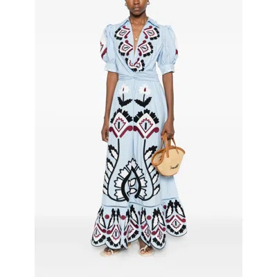 Farm Rio Blue Artisanal Embroidered Lace Front Bow Maxi Dress In Gray