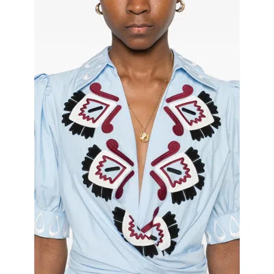 Farm Rio Blue Artisanal Embroidered Lace Front Bow Maxi Dress In Gray