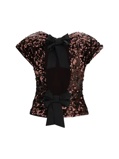 Ganni Womens Demitasse Bow-embroidered Sequin-embellished Velvet Top In Brown