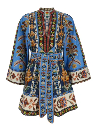 Farm Rio Blue Dress With V-neck And All-over Floral Motif In Fabric Woman In Multi
