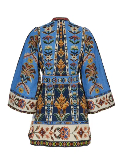 Farm Rio Blue Dress With V-neck And All-over Floral Motif In Fabric Woman In Multi