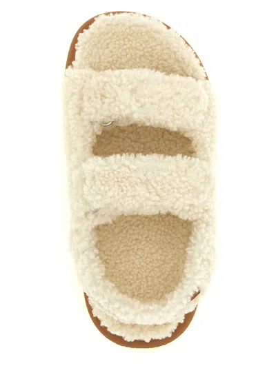 Moon Boot Shearling Sandals Flat Sole Open Toe In White