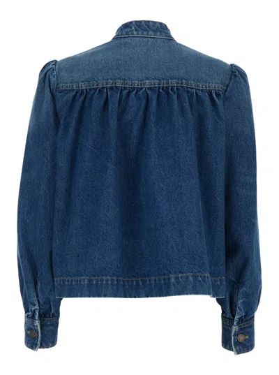 Chloé Blue Jacket With High Neck And Chain Detail On The Front In Denim Woman