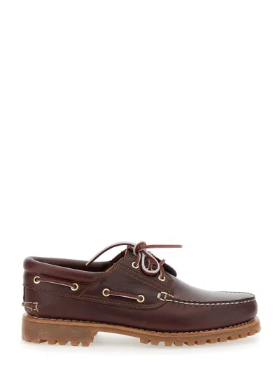 Timberland Authentic Brown Loafers With Embossed Logo On The Side In Leather Man In Burgundy