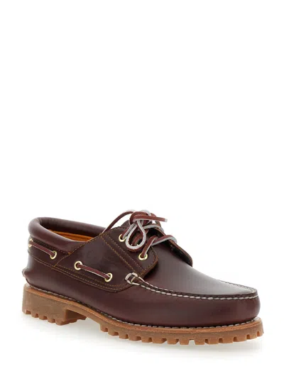 Timberland Authentic Brown Loafers With Embossed Logo On The Side In Leather Man In Burgundy