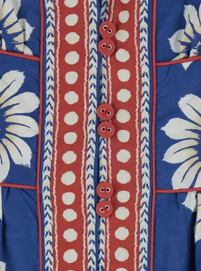 Farm Rio Luna Blue Long Dress With V Neck And All-over Floral Motif In Cotton Woman