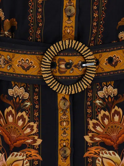 Farm Rio Majestic Garden Multicolor Crewneck Mini Dress With All-over Floral Motif And Front Belt In Cotton W